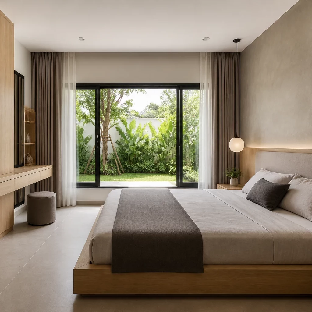 Tổng thể phòng ngủ tối giản đẹp hoàn thiện