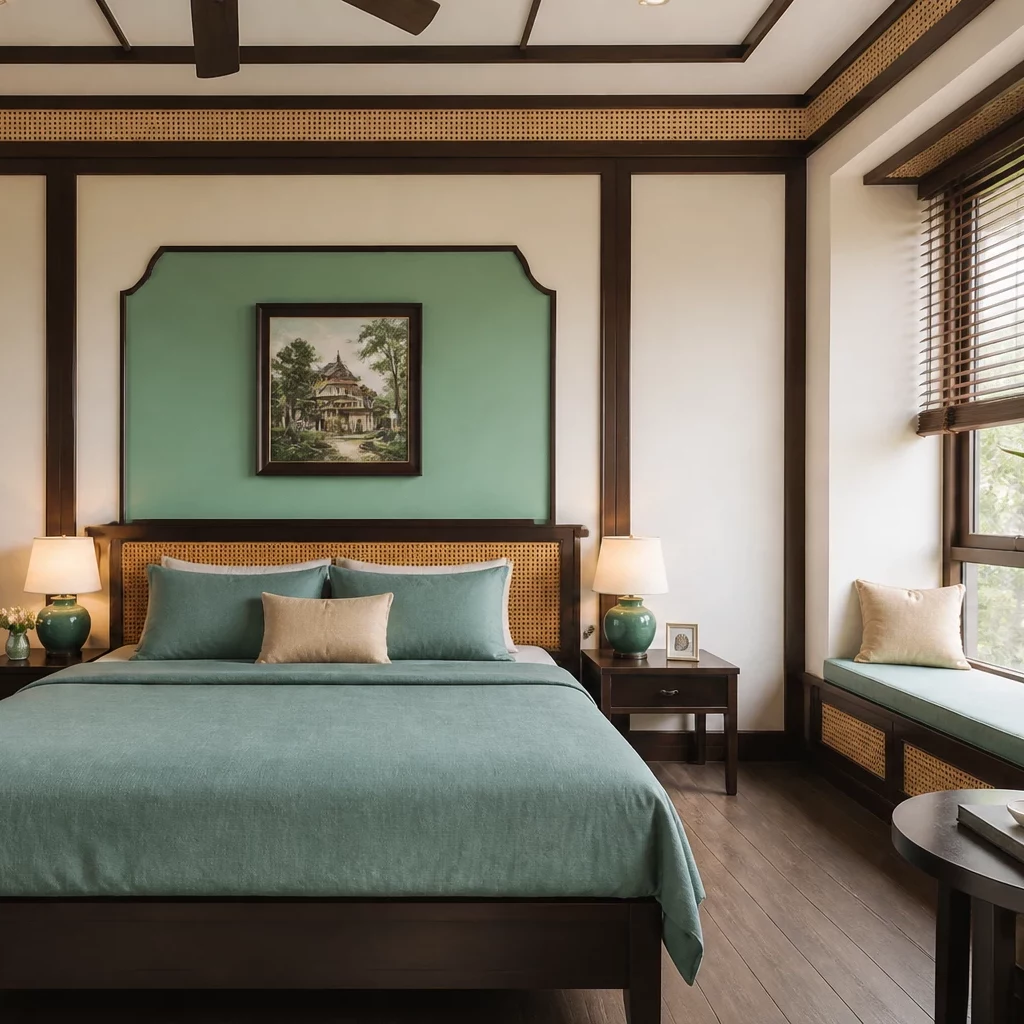 Thiết kế phòng ngủ vo chong phong cách Indochine kết hợp bàn làm việc tinh tế