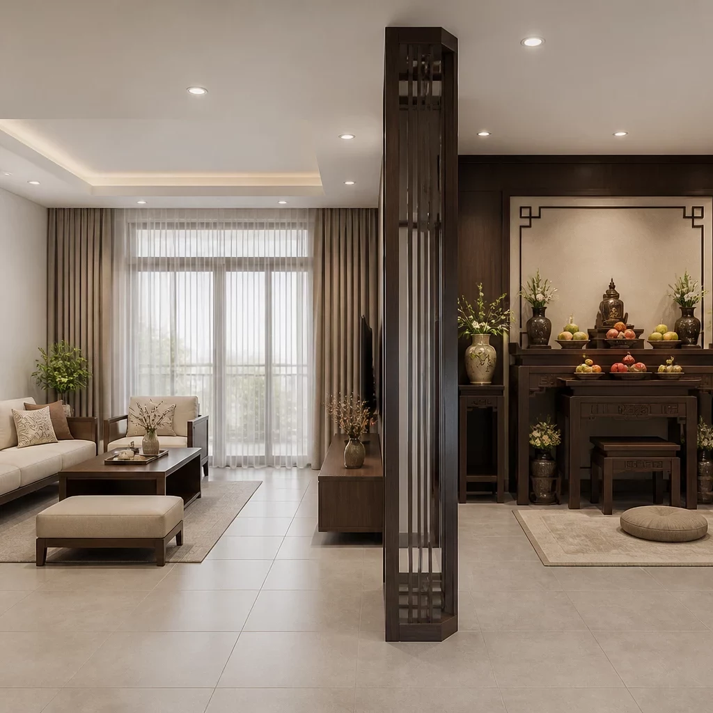 Tiết kiệm chi phí với mẫu phòng thờ kết hợp phòng khách