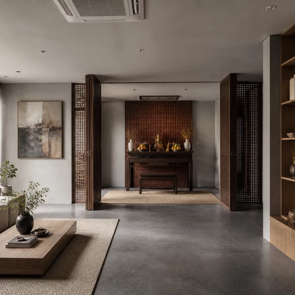 Không gian phòng thờ kết hợp phòng khách ấm cúng