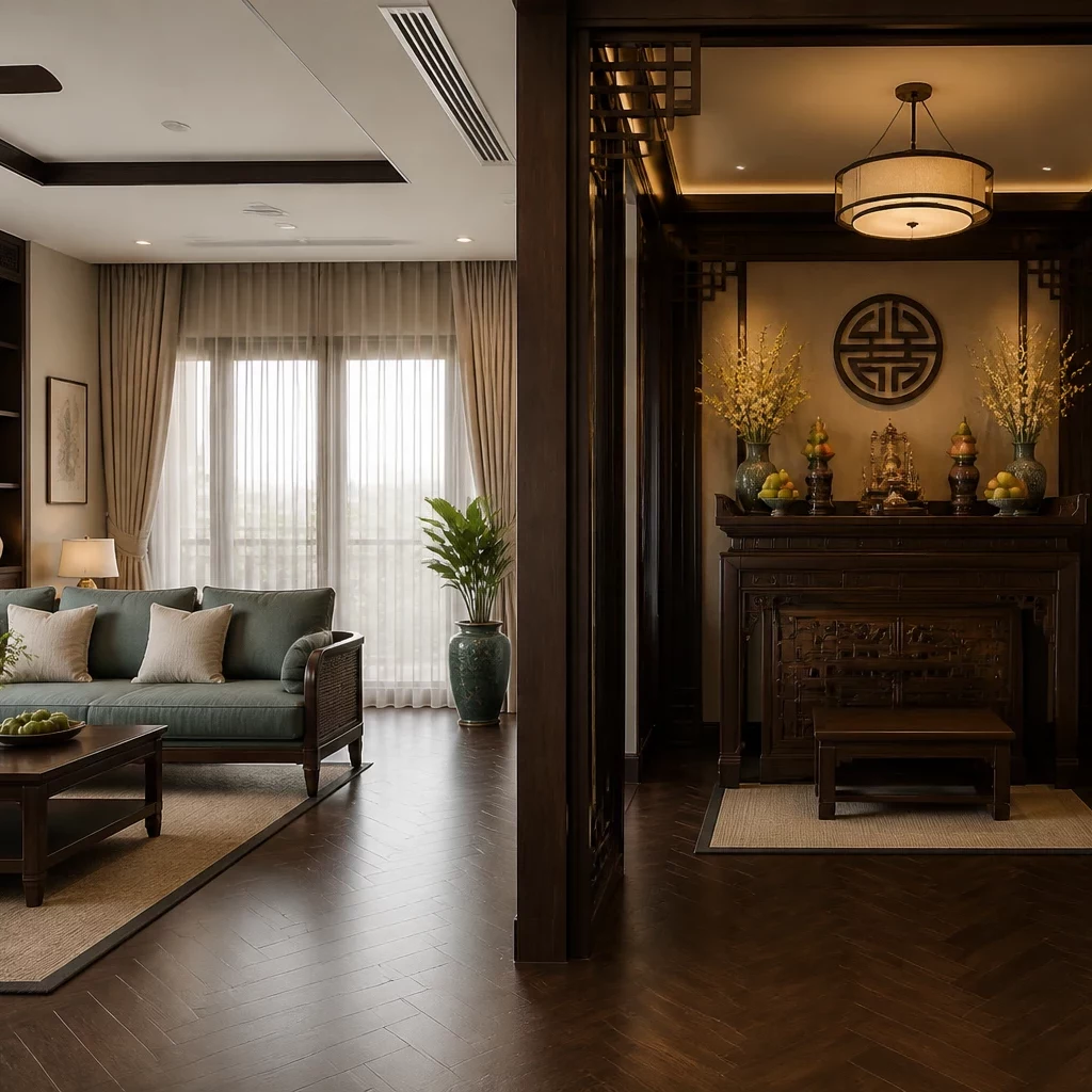 Mẫu phòng thờ kết hợp phòng khách Indochine