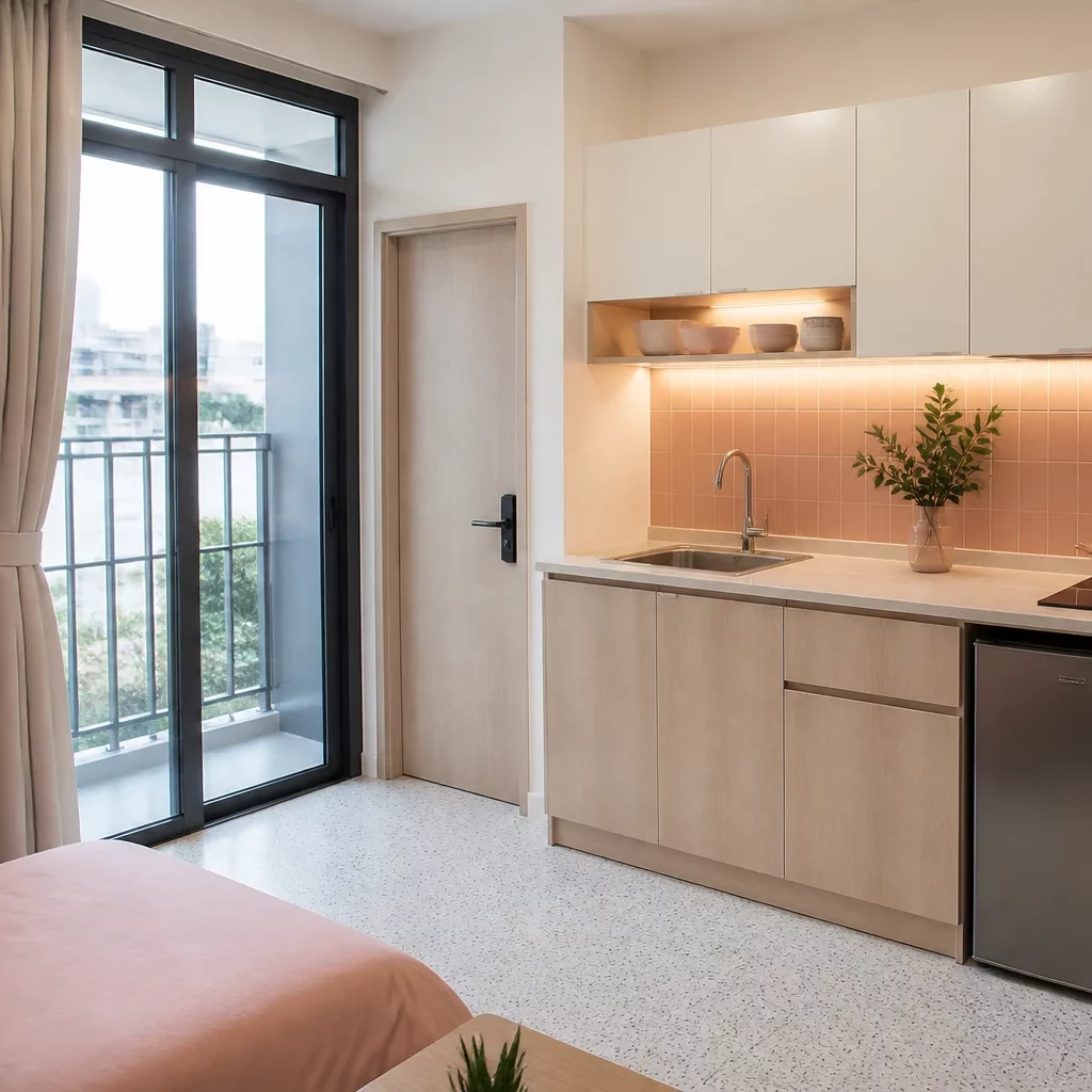 Bếp studio nhỏ gọn với tủ trắng, mặt bàn đá, cửa sổ view city.