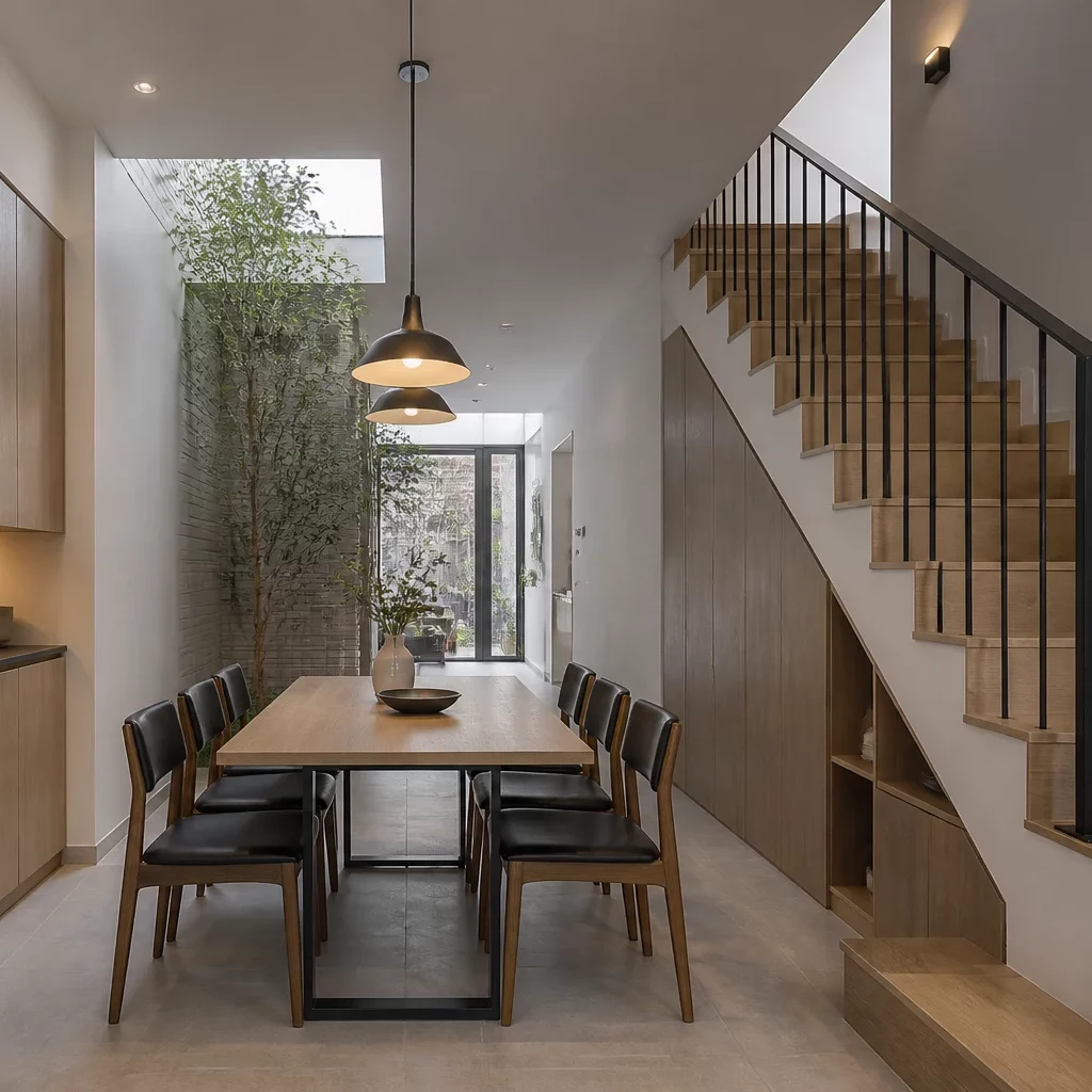 Balcony nhỏ với bàn ghế, chậu cây và đèn trang trí.