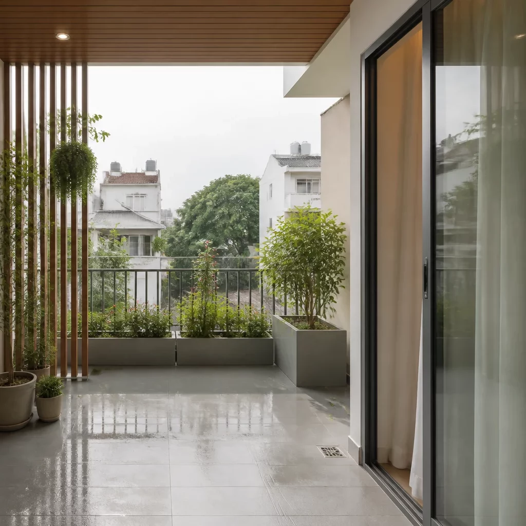 Ban công nhỏ với bàn ghế và chậu cây xanh.