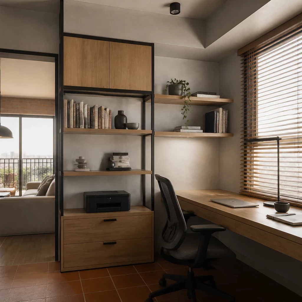 Thiết kế căn hộ studio hiện đại với giường ẩn và bàn làm việc.