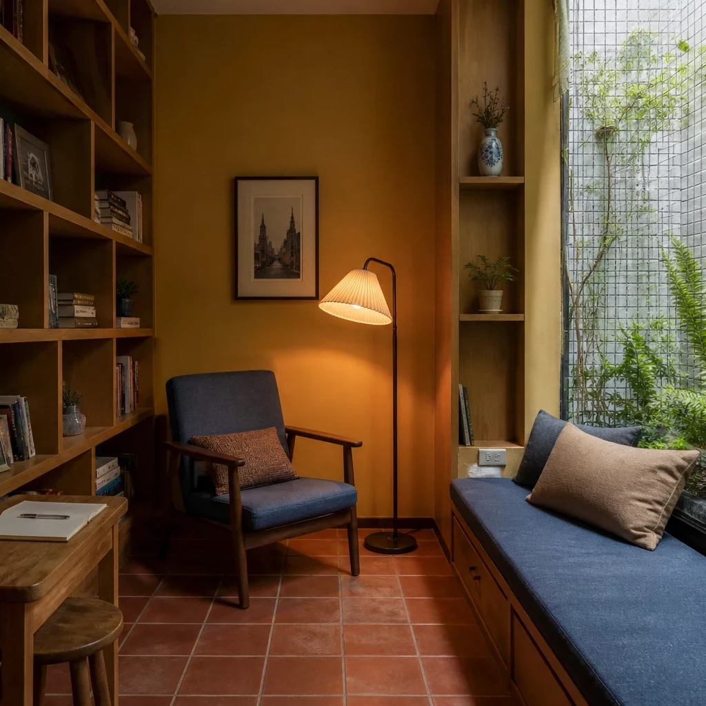 Căn hộ studio với tường màu hồng và xanh, sofa trắng, ghế vàng.