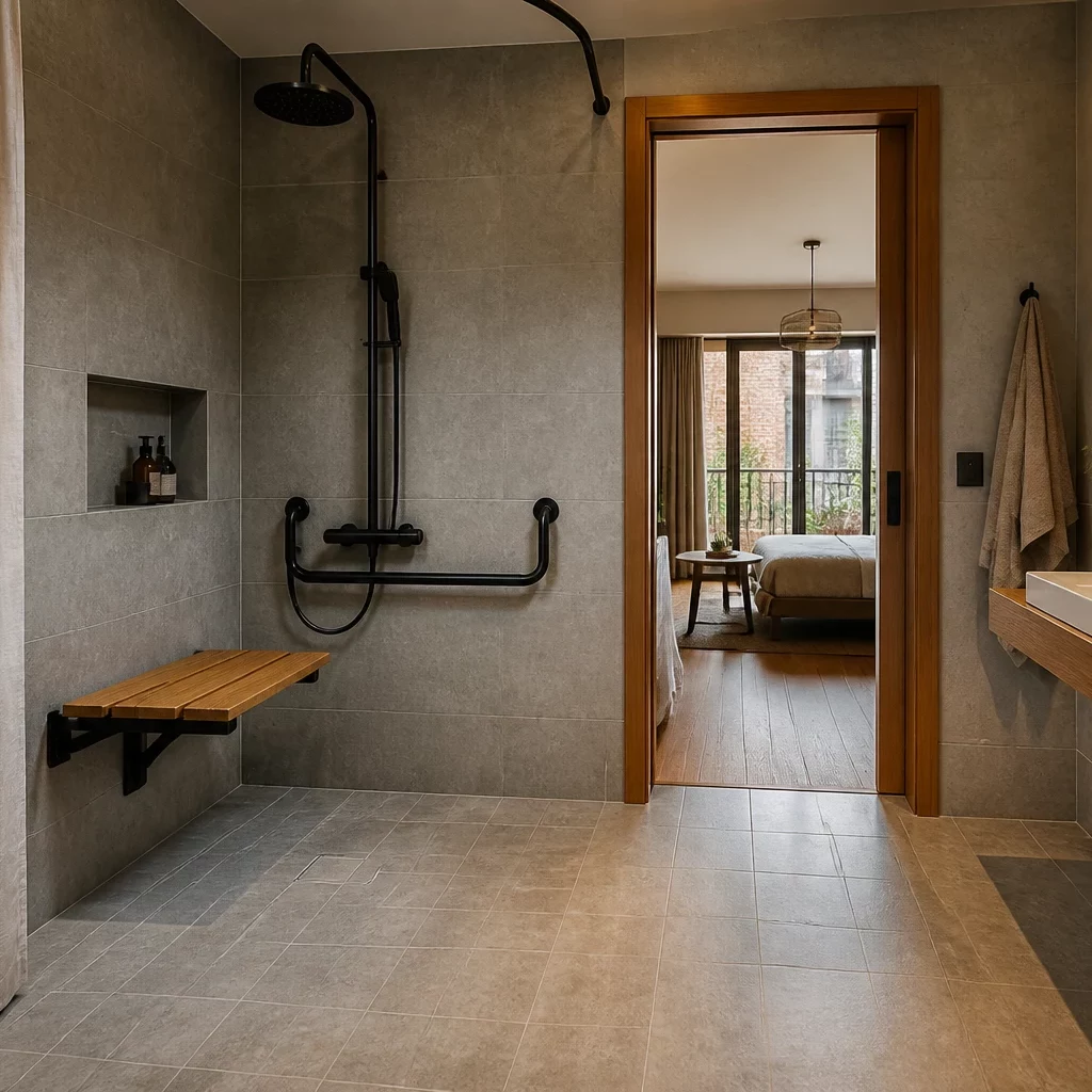 Căn hộ studio với nội thất gỗ và đá.