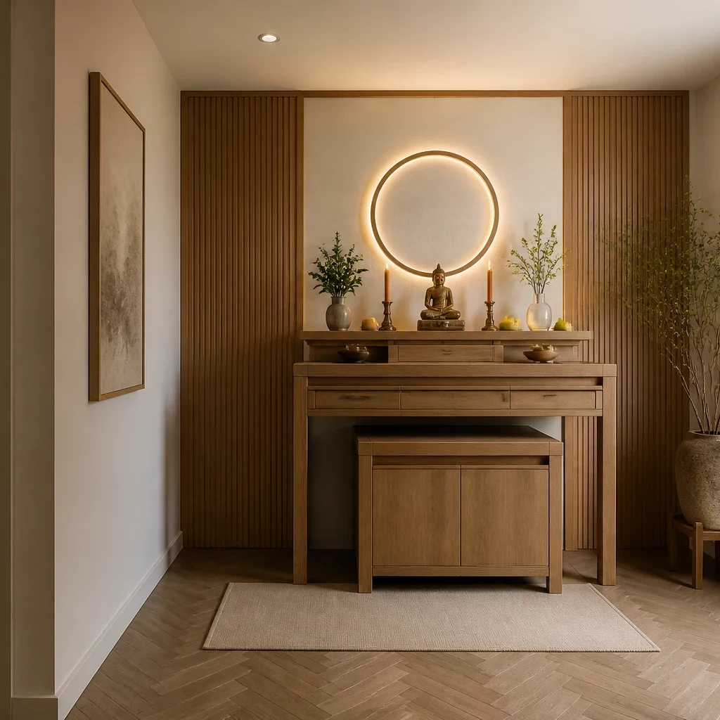 Studio apartment with minimalist design and city view at sunset.