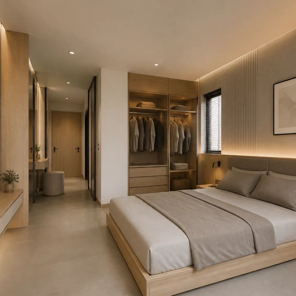 Căn phòng studio với giường đa năng và nội thất tối giản.