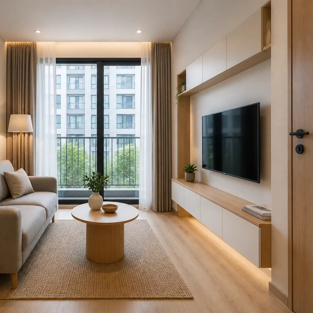 Phòng khách nhỏ gọn với sofa gỗ và bàn tròn.