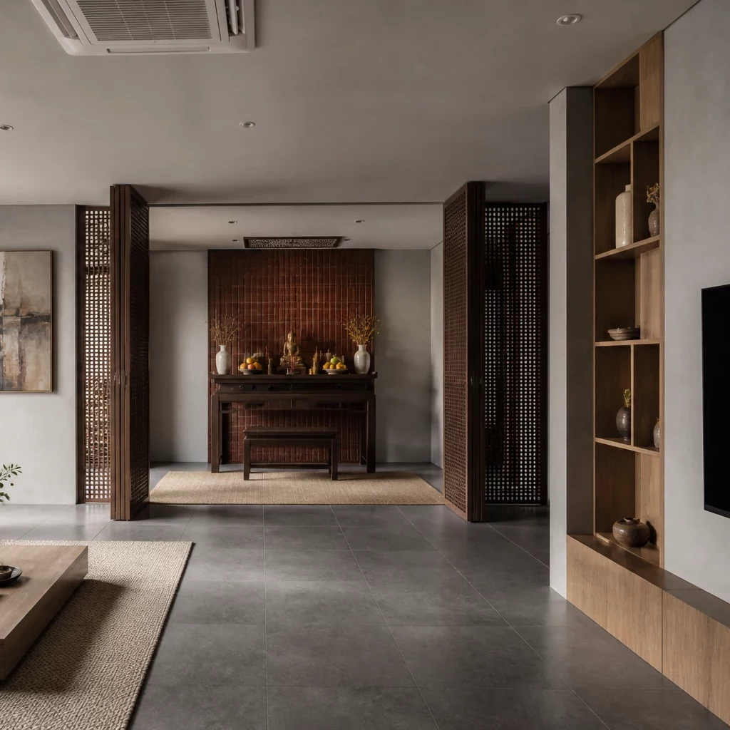 Phòng khách gỗ Nhật Bản với trần cao và cửa kính.