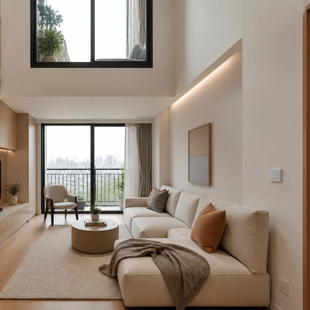 Bếp studio hiện đại với tủ trắng và đèn LED.