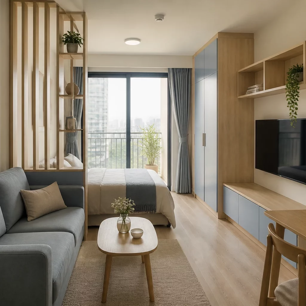 Căn hộ studio với sofa, bàn ăn và cửa kính nhìn ra cảnh tuyết.