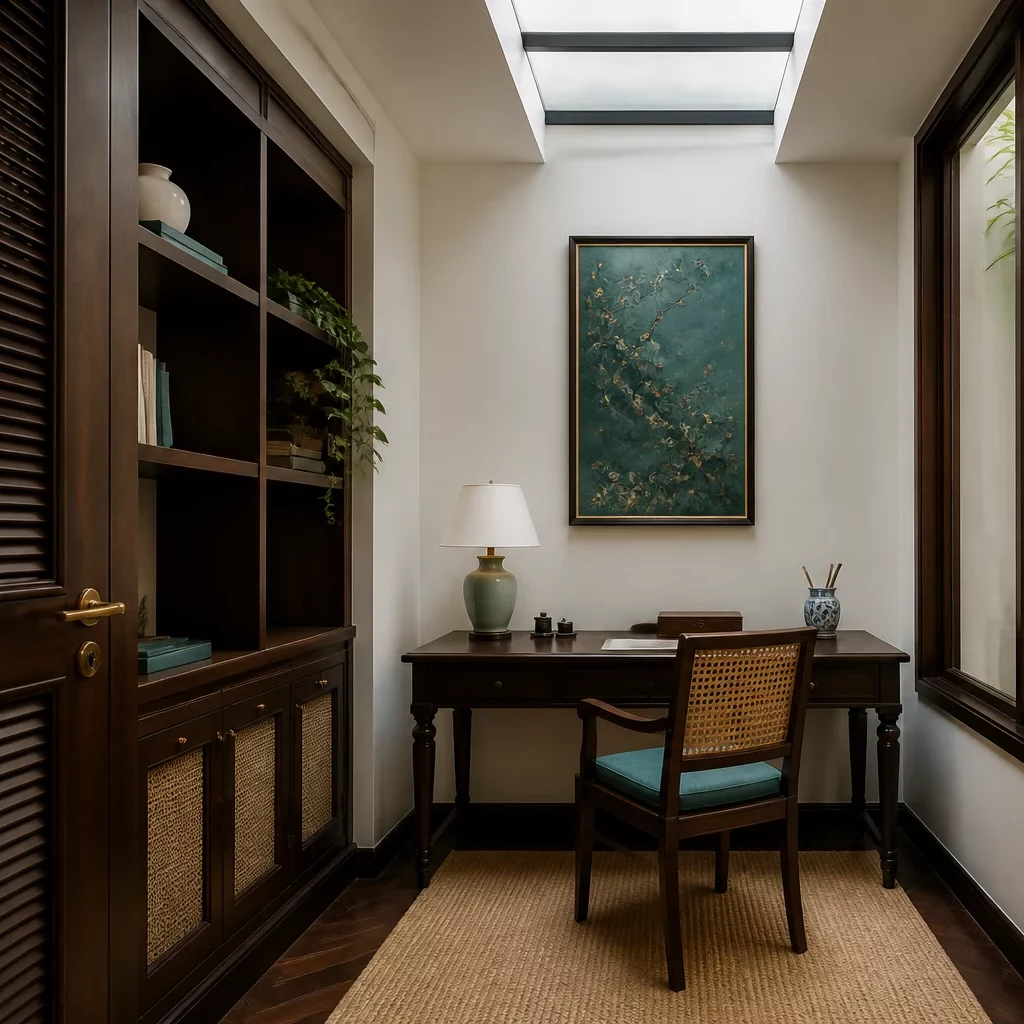 Phòng ngủ studio với bàn làm việc gắn tường và kệ trang trí.