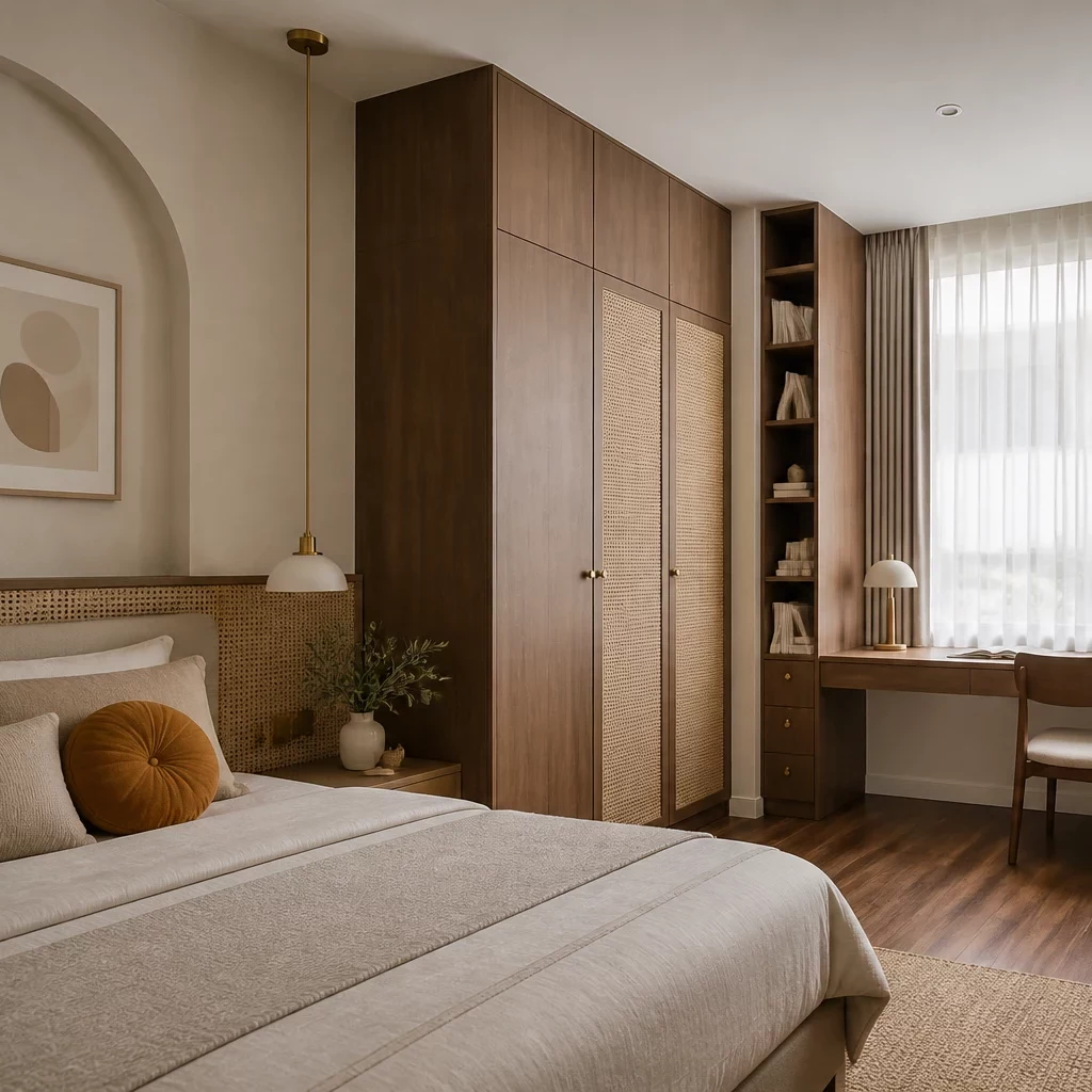 Phòng ngủ studio hiện đại với tầm nhìn thành phố.