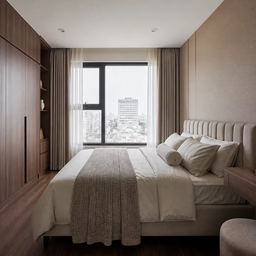 Phòng ngủ studio với phòng tắm kính trong suốt.