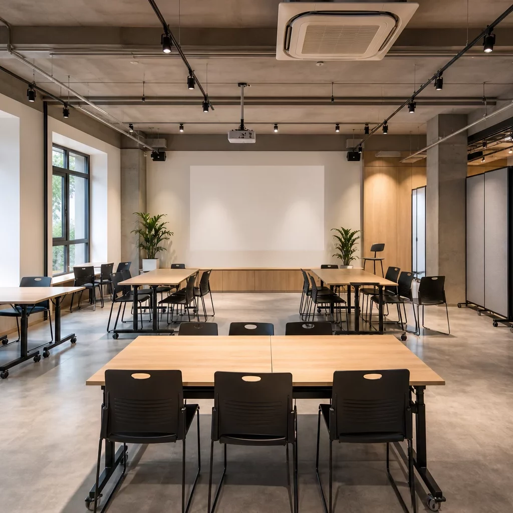 Căn phòng studio với giường đa năng và tủ lưu trữ.