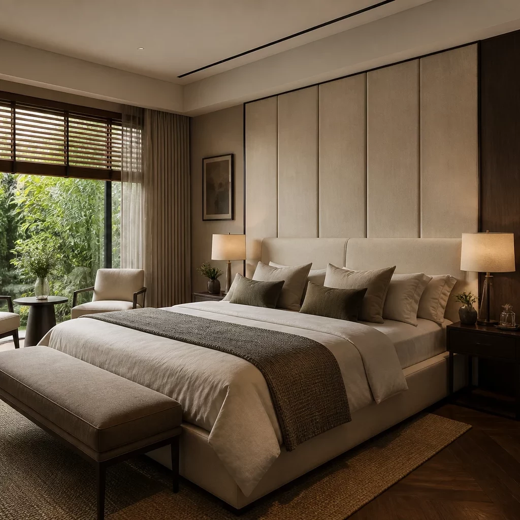 Giường bốn cột đèn LED trong phòng ngủ studio.