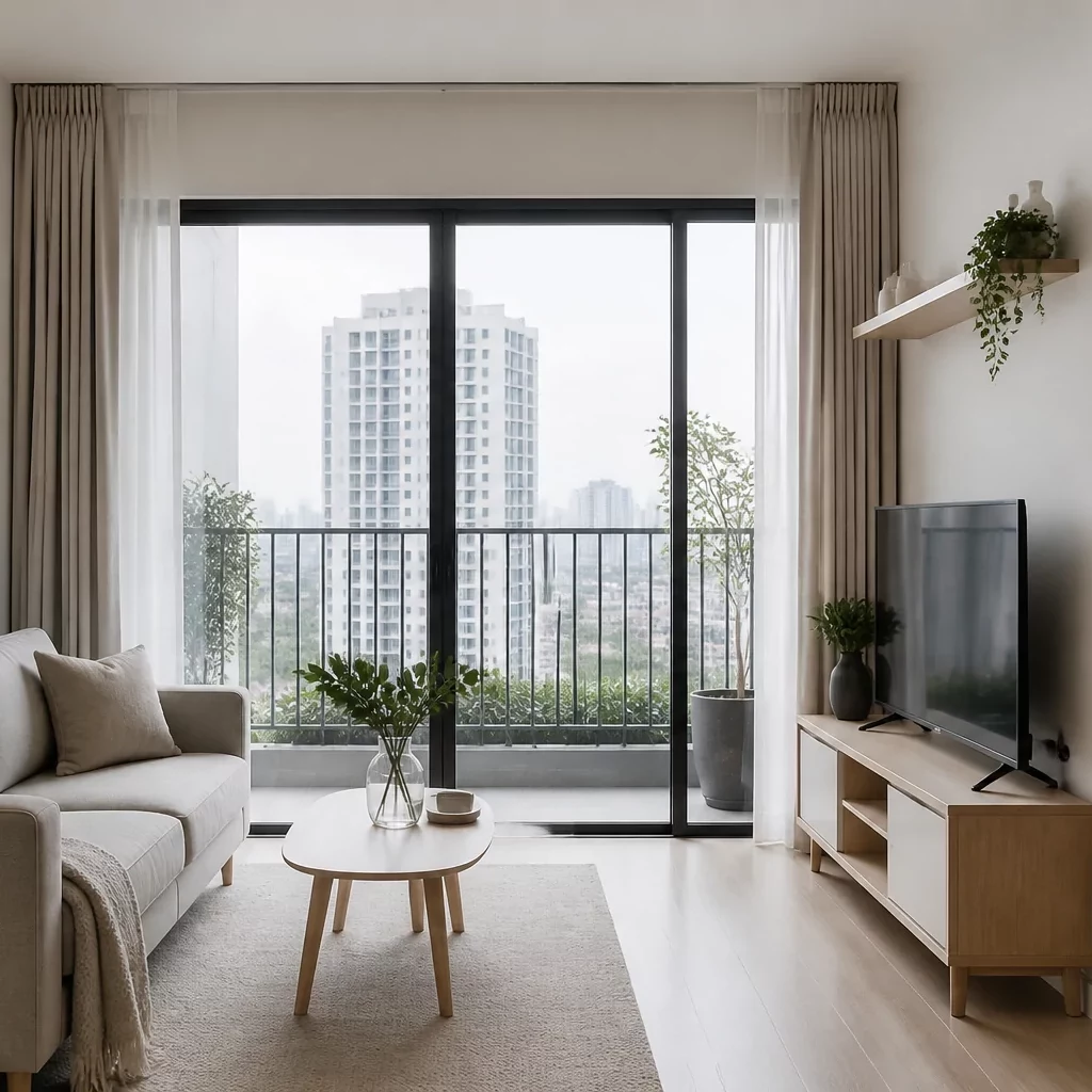 Không gian phòng khách chung cư 40m2 phong cách Scandinavian sáng sủa