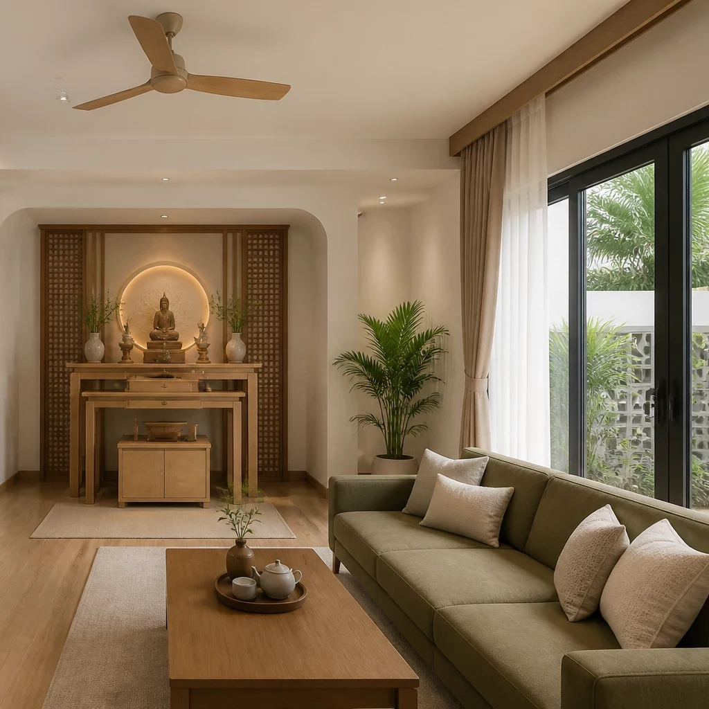 Mẫu thiết kế nội thất nhà phố 2 tầng có giếng trời và phòng thờ hiện đại