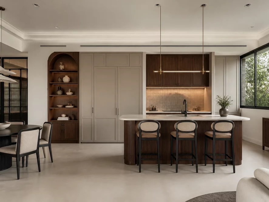 Thiết kế nội thất phòng bếp 25m2 phong cách hiện đại tối giản