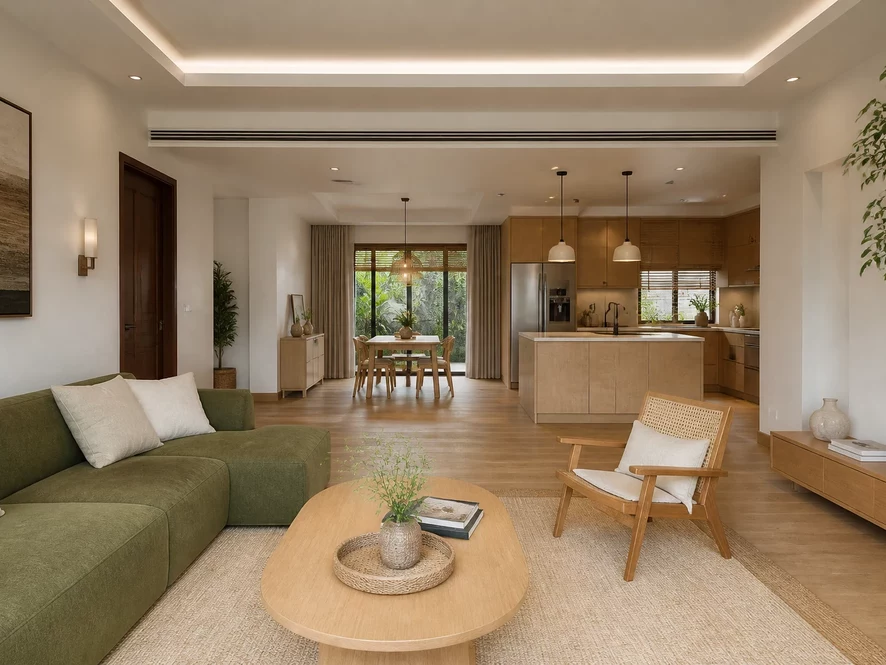 Phòng bếp liền kề phòng khách 25m2 thiết kế hiện đại