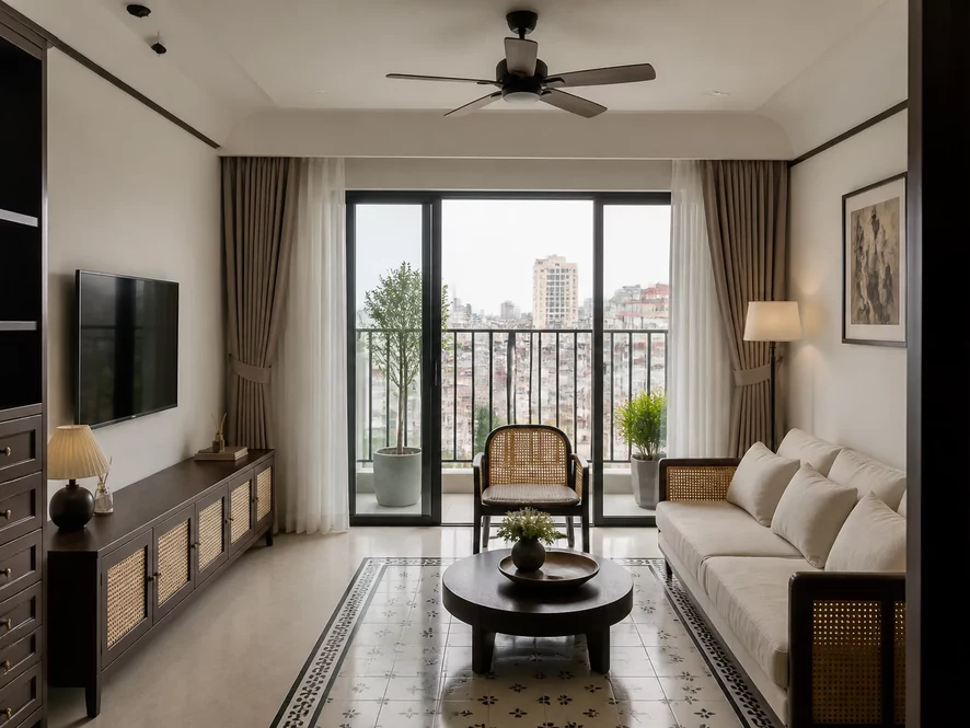 Phong cách Indochine trong thiết kế nội thất phòng khách 25m2