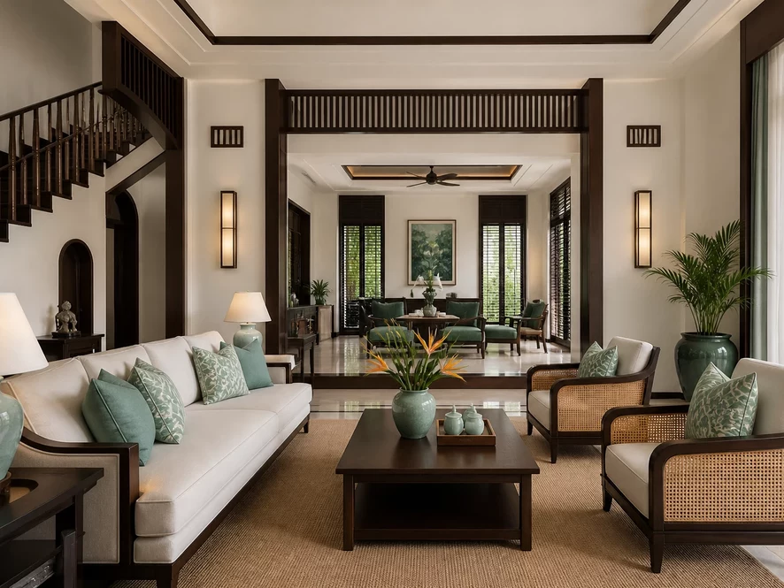 Phong cách Indochine Đông Dương trong thiết kế nội thất phòng khách 30m2