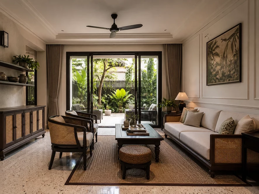 Mẫu thiết kế nội thất phòng khách 40m2 có phòng tắm kín đáo