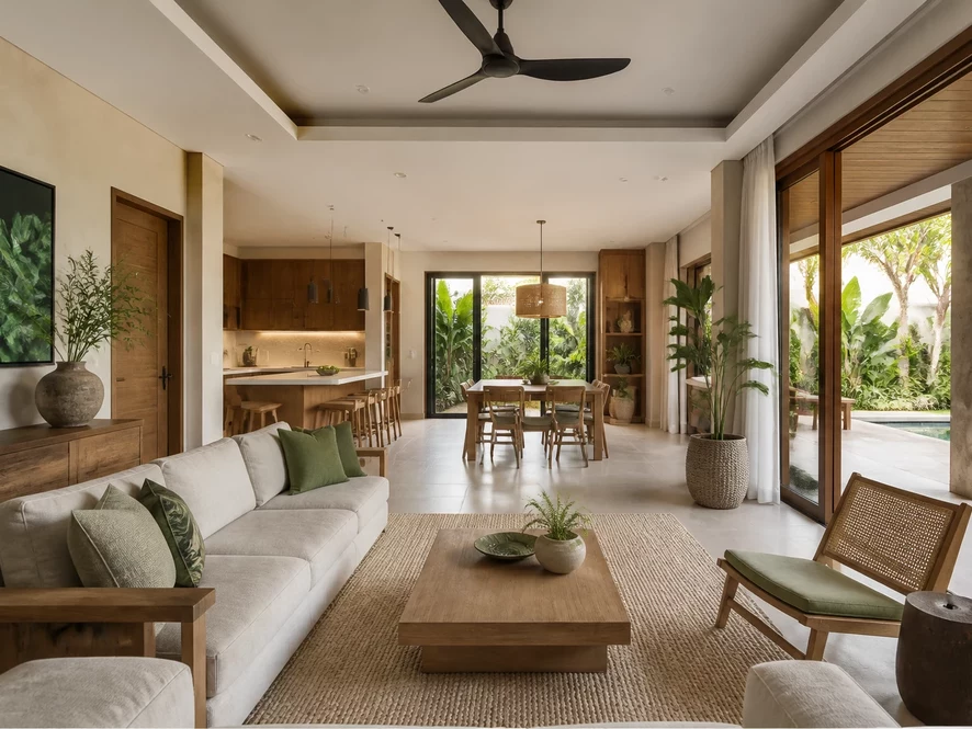 Mẫu thiết kế nội thất phòng khách 40m2 liên thông bếp