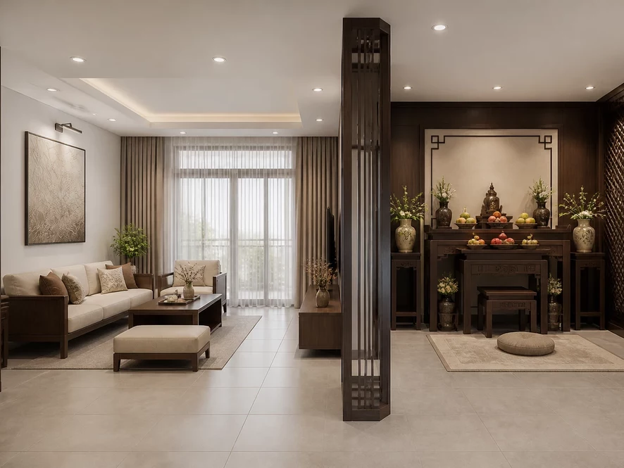 Thiết kế nội thất phòng khách 40m2 kết hợp ban công xanh