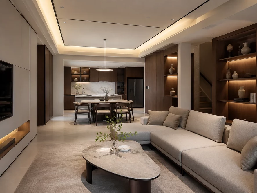 Thiết kế nội thất phòng khách 40m2 liên thông bếp hiện đại