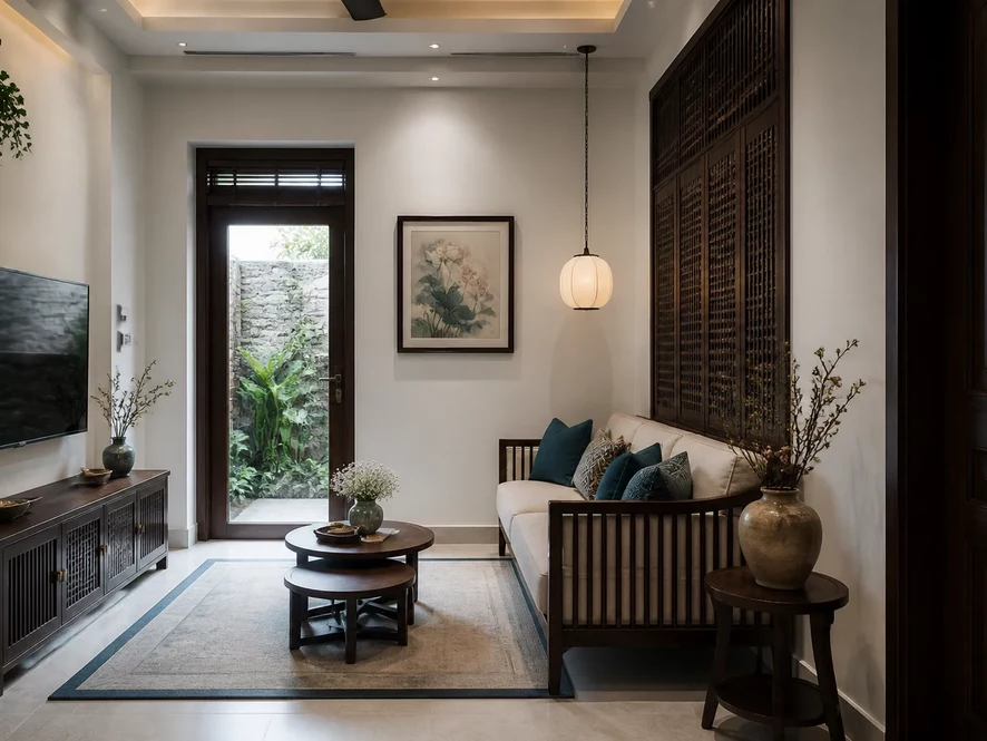Thiết kế nội thất phòng khách 40m2 phong cách Indochine