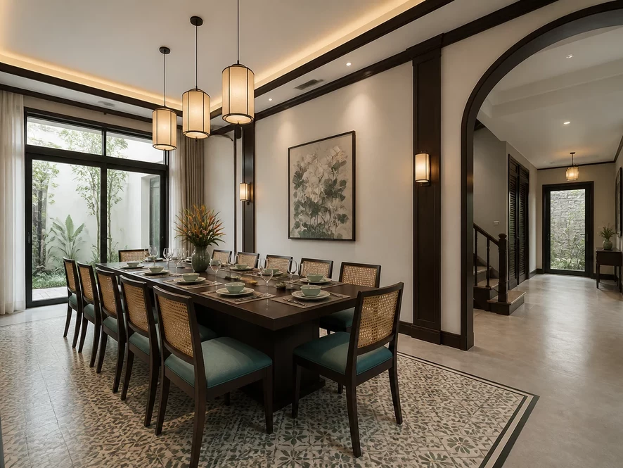 Mẫu thiết kế nội thất phòng ngủ 12m2 phong cách Indochine sang trọng