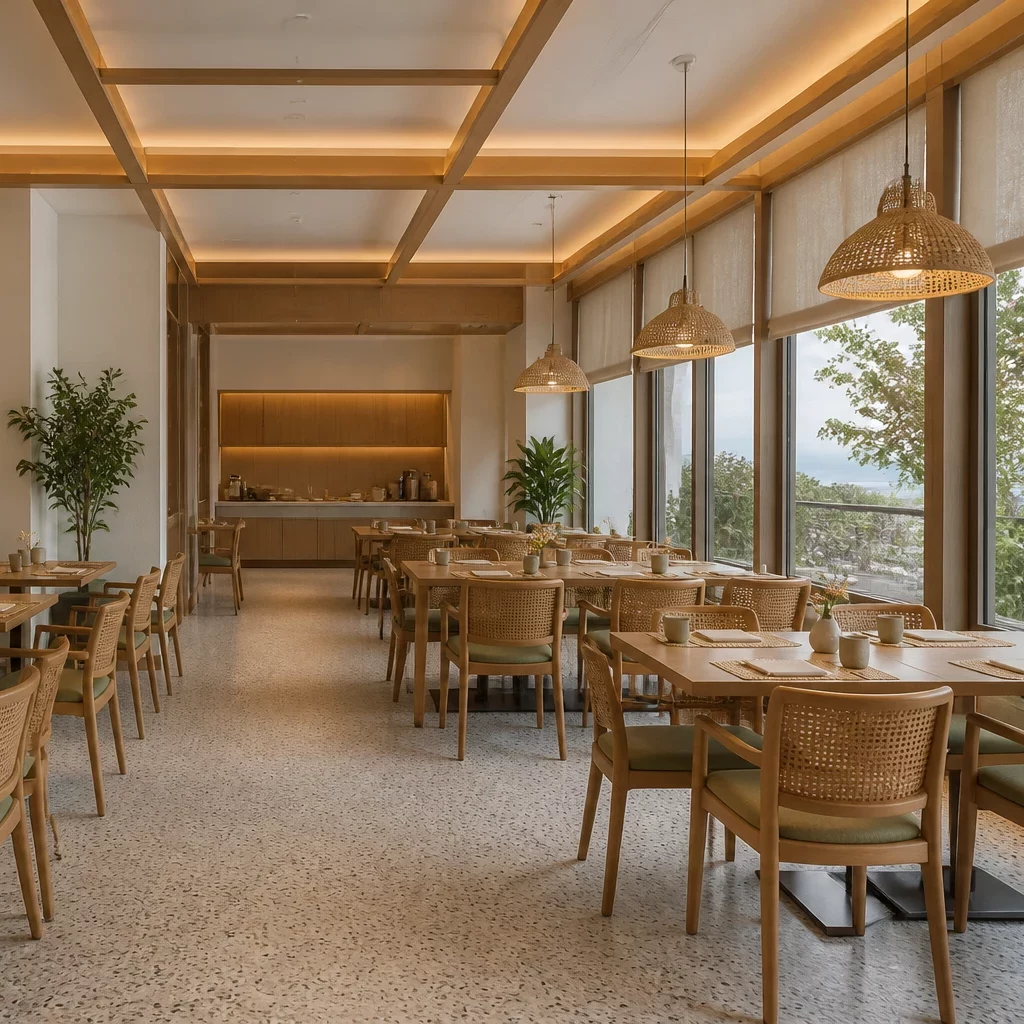 vật liệu gỗ và kính trong thiết kế quán cafe