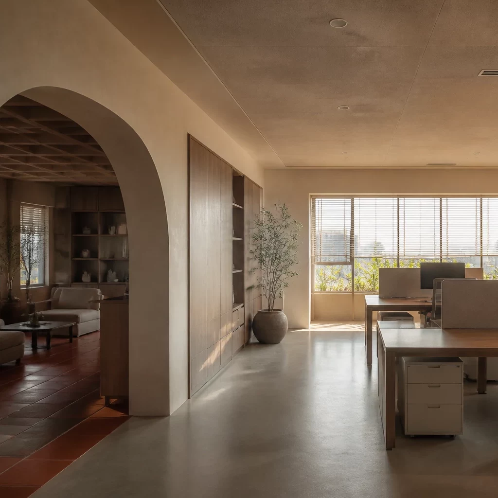 Thiết kế phòng ngủ nhỏ kết hợp bàn làm việc phong cách Wabi Sabi