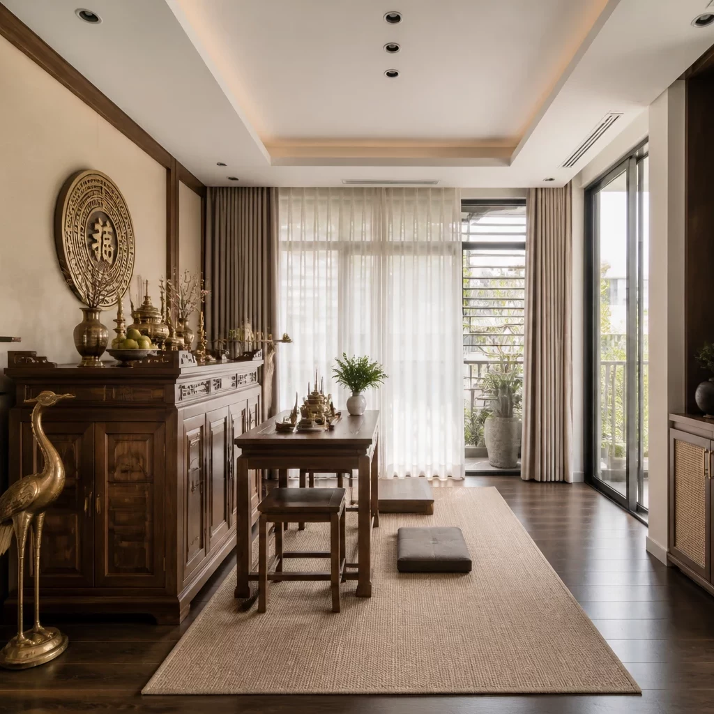 Thiết kế phòng thờ gỗ mun chạm khắc tinh xảo.