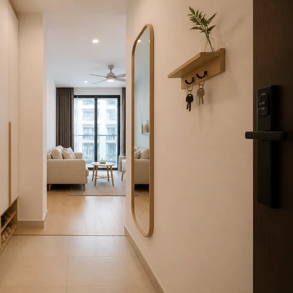 Trang trí nội thất chung cư hiện đại với sofa trắng và gỗ tự nhiên.