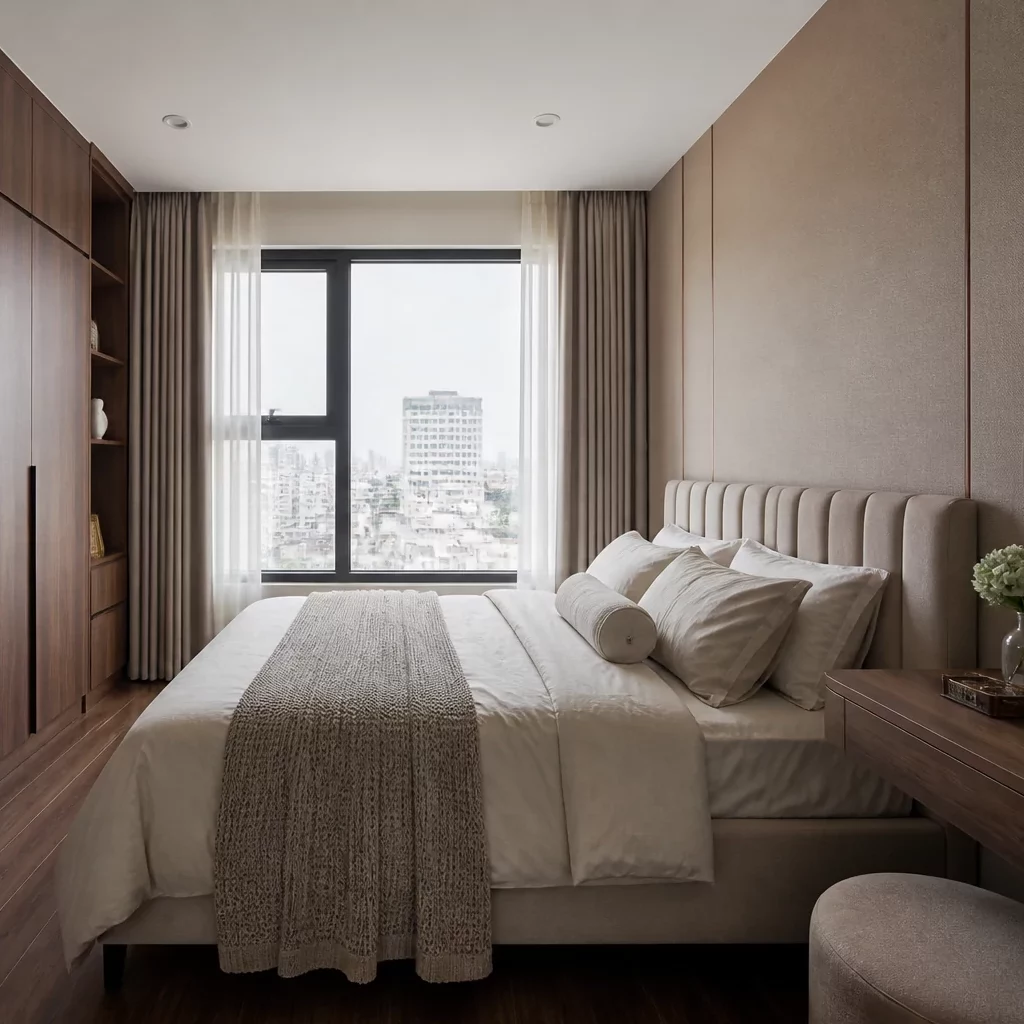 Trang trí nội thất chung cư với gam màu be và chất liệu kính, đá.