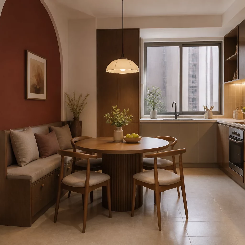 Trang trí nội thất chung cư với gỗ sáng, sofa nâu, rèm mỏng và ánh sáng tự nhiên.