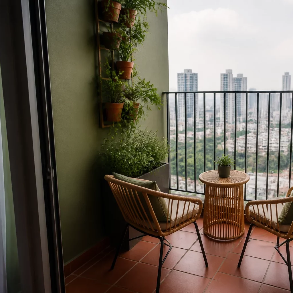 Trang trí nội thất chung cư: ban công nhỏ với bàn đá, ghế mây và cây xanh.