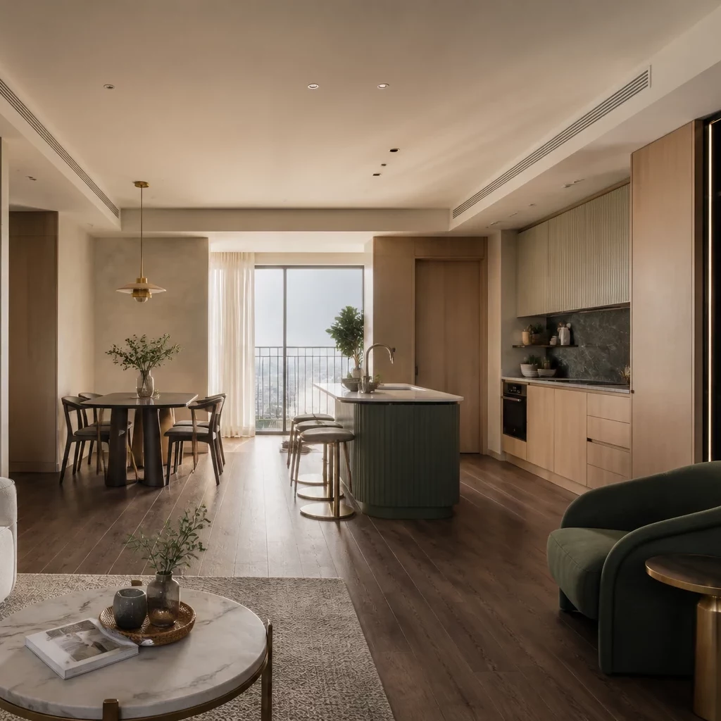 Trang trí nội thất chung cư: Tủ bếp hiện đại với đá cẩm thạch trắng.