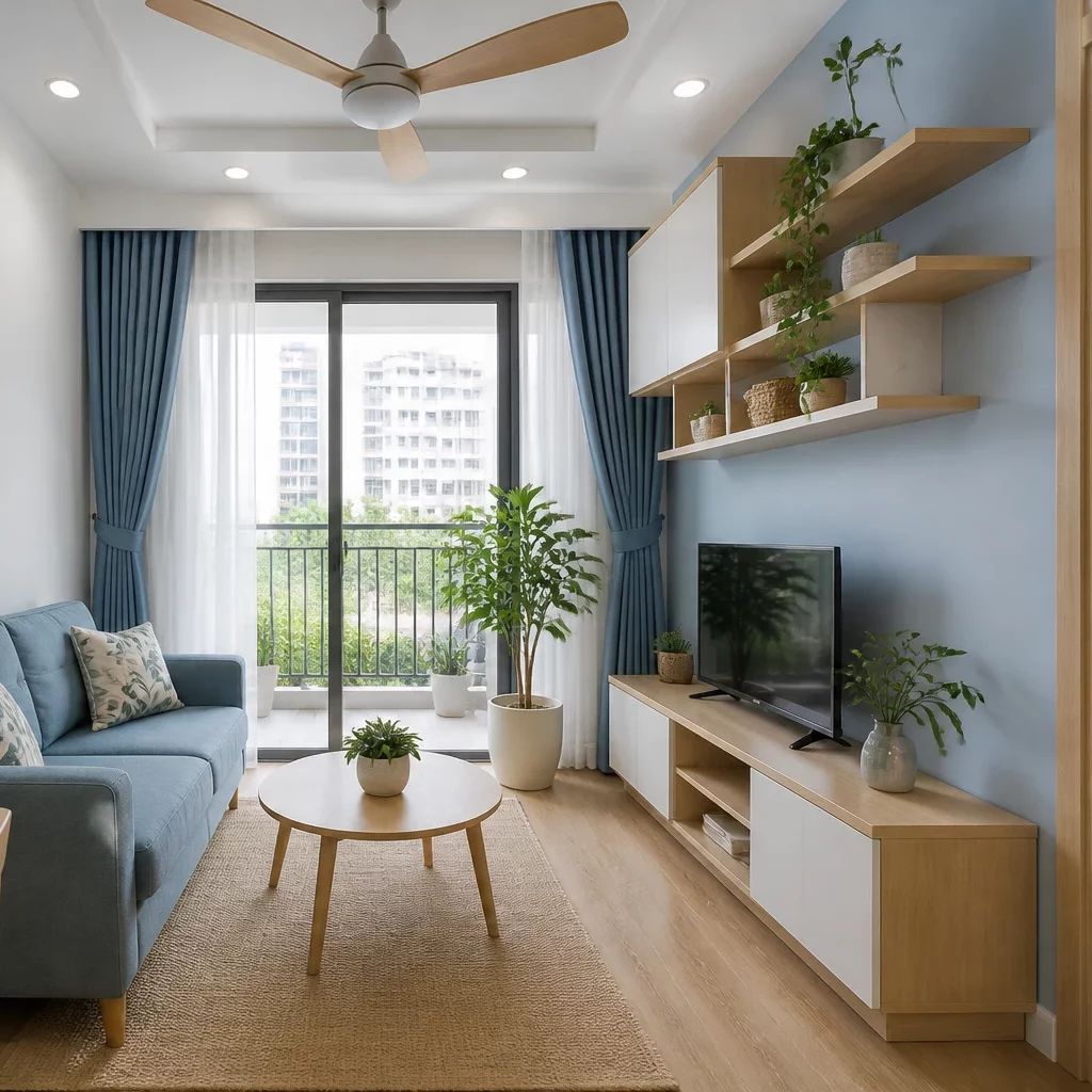 Trang trí nội thất chung cư với sofa xanh và thảm màu sắc rực rỡ.