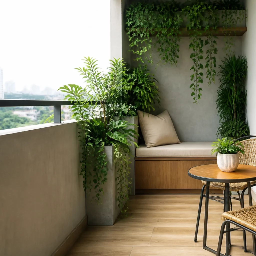 Trang trí nội thất chung cư: sofa xám, bàn đá, cây xanh view thành phố.