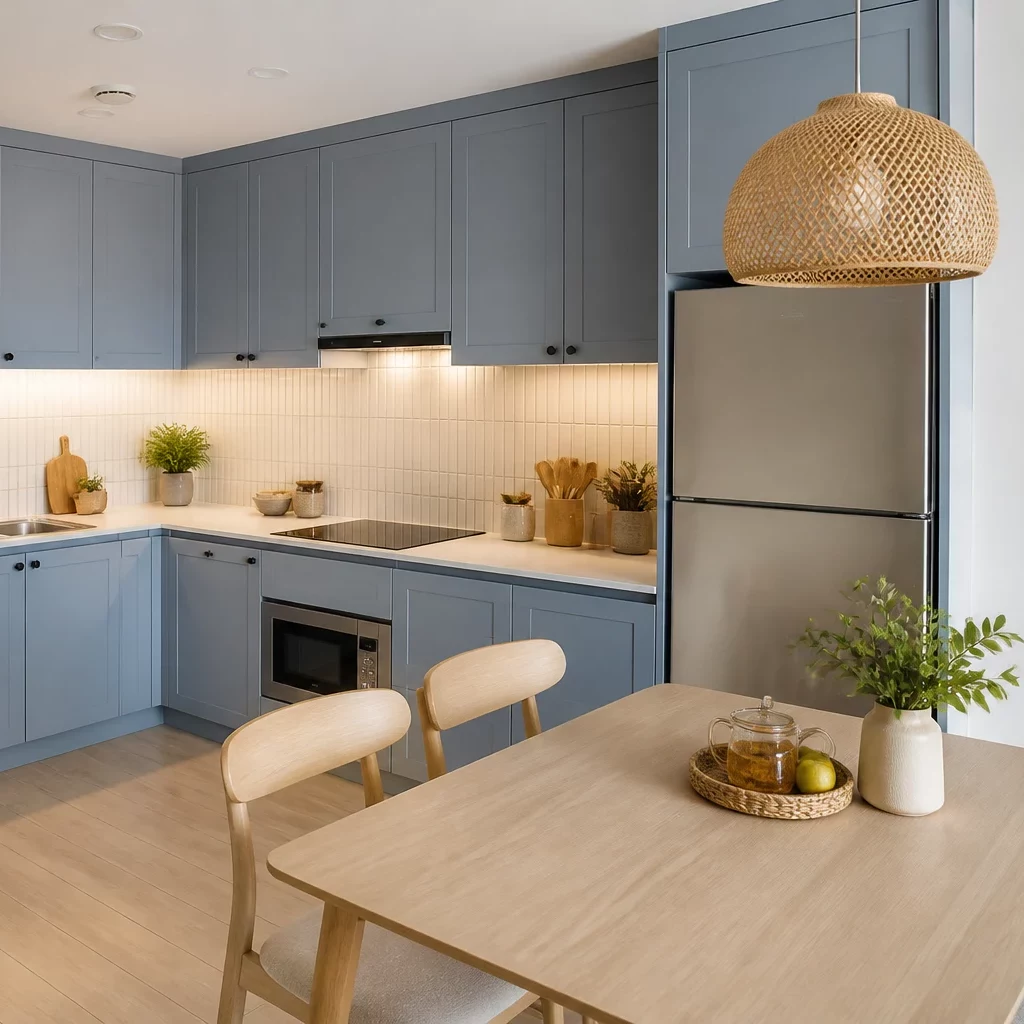 Bếp hiện đại view vườn xanh mát, đèn thả độc đáo.