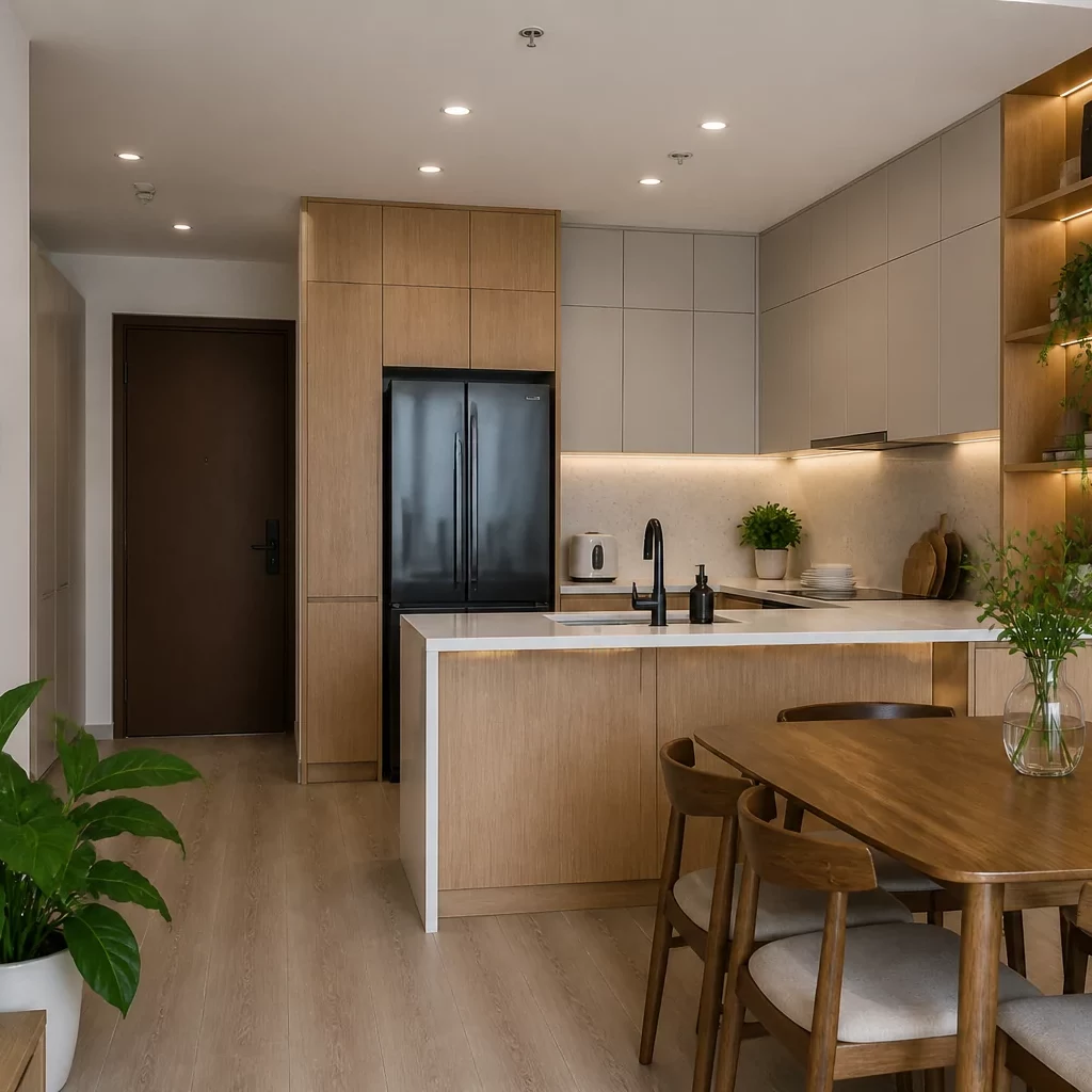 Trang trí nội thất chung cư: Tủ bếp trắng, đá cẩm thạch, đèn LED tối giản.