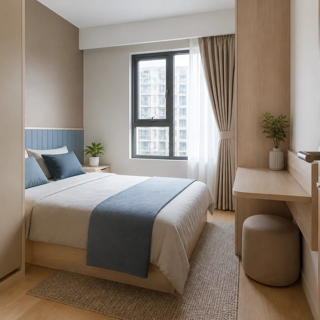 Trang trí nội thất chung cư: phòng khách hiện đại với sofa be và cây xanh.