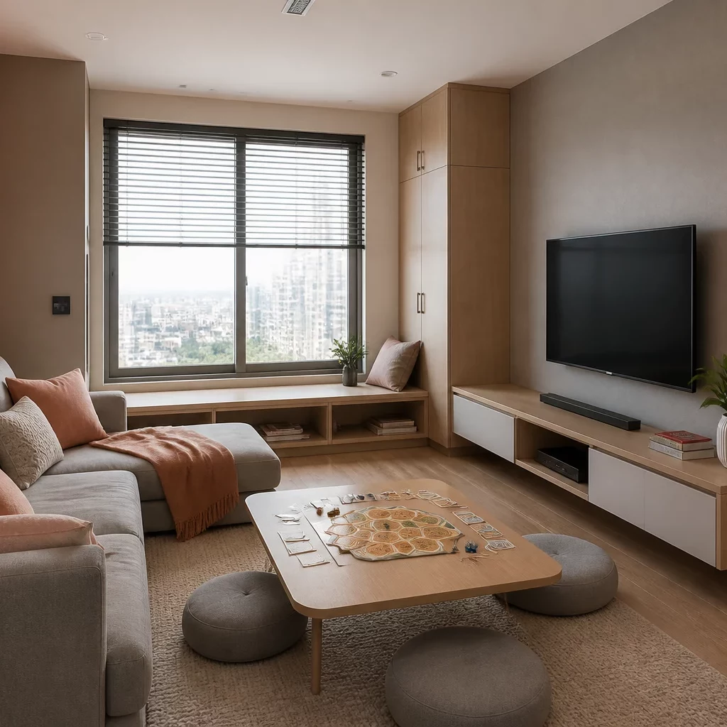 Trang trí nội thất chung cư: sofa xám, kệ đen, thảm dệt tự nhiên.