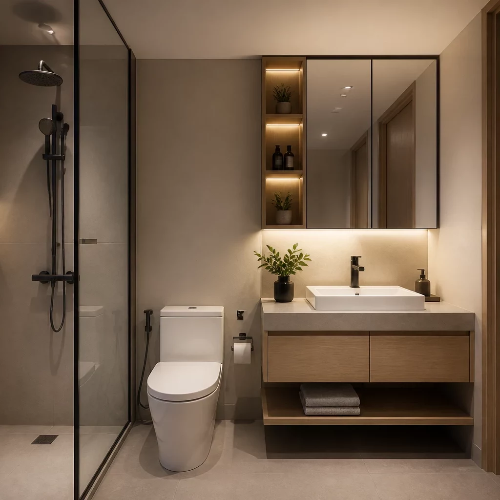 Phòng ngủ hiện đại với tầm nhìn biển, nội thất tối giản và ánh sáng tự nhiên.