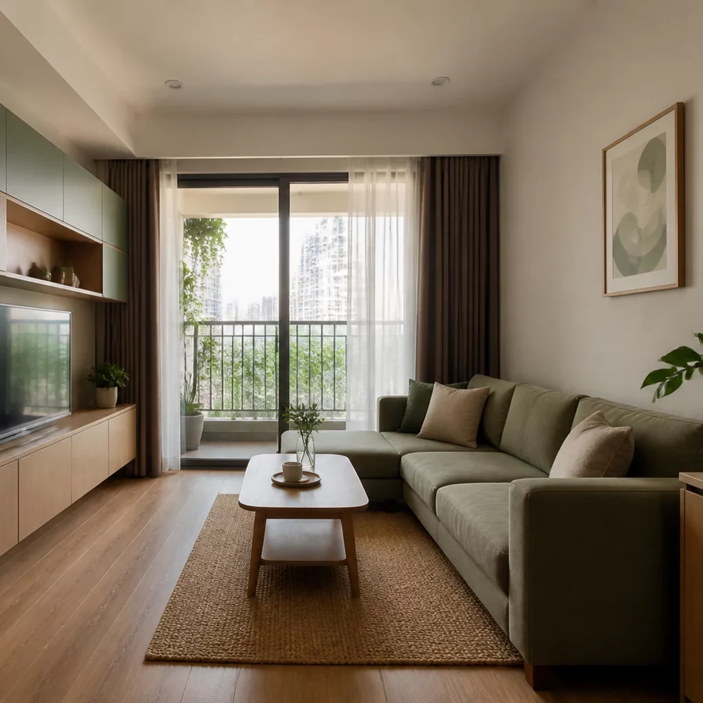Trang trí nội thất chung cư: phòng tắm xanh lá với đá cuội và cây xanh.